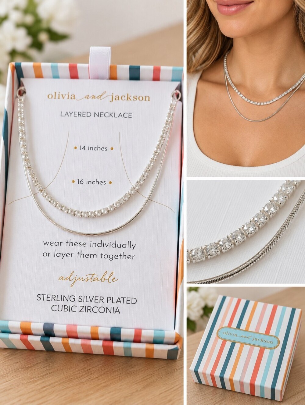 olivia and jackson Sterling Silver Plated Layered Necklace - Silver New In Box